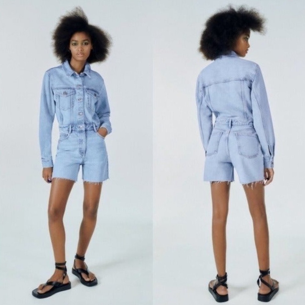 NWT Zara Long Sleeve Light Wash Denim Shorts Romper Sz M